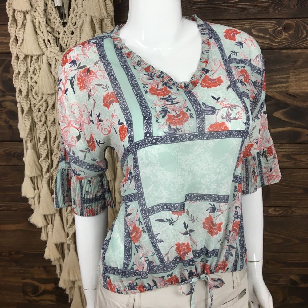 DR2 | Floral Patch Sheer Ruffle‎ Blouse Tie Front Blouse